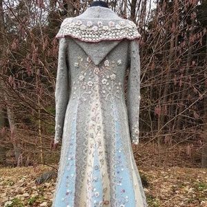 Gray and Blue Cotton and Polyester long Coat